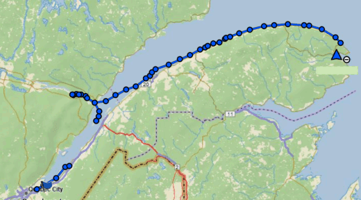 Le trajet entre Québec et Gaspé.