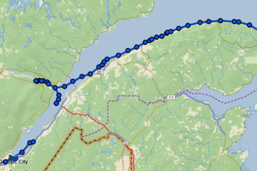 Le trajet entre Québec et Gaspé.