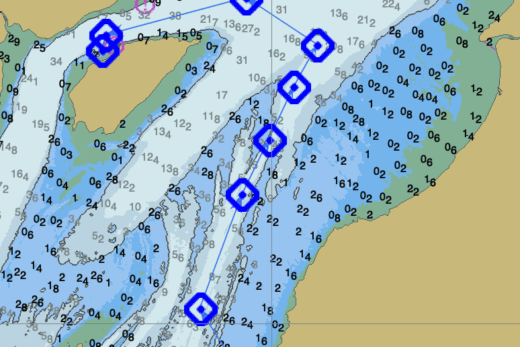 Une route de navigation sur la carte 1233 (OpenCPN).