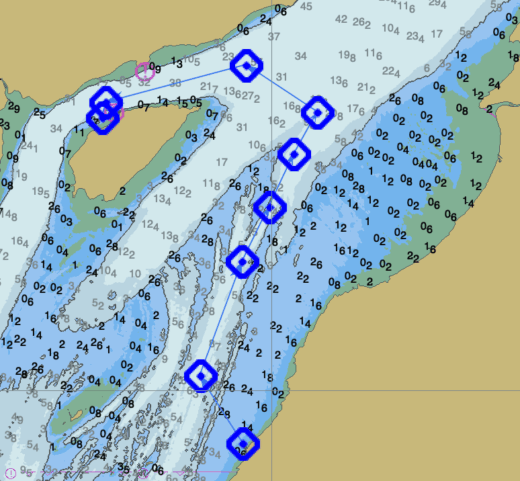 Une route de navigation sur la carte 1233 (OpenCPN).